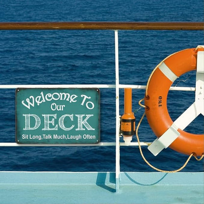 Welcome to Our Deck Sign for Outside - Deck Signs and Decor Outdoor, Vintage Metal Sign for Garden, Pool, Backyard, Patio, Outdoor Decor Wall Art Accessories, 12 x 8 inch
