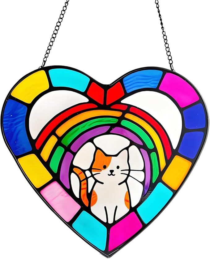 Stained Glass Window Hanging,Sun Catchers Glass Panel Window Suncatcher Panel Decor for Mom,Wife,Grandmother,Women, Men and Aunt,Garden Hangings for Christmas Mother's Day (Cat)
