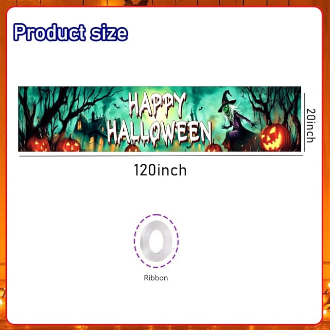 Happy Halloween Banner Large 120 x20 Inch Green Yard Sign Banner Flag Scary Halloween Party Hanging Decorations for Outdoor Fence Garage Garden Porch Holiday Backdrop Decor