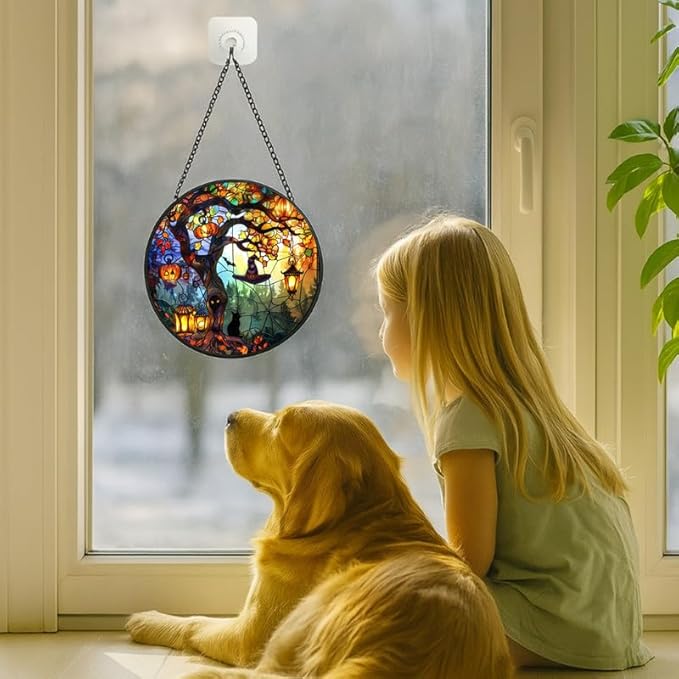 Stained Glass Window Hanging - 6.3in Pumpkin Lanterns and Black Cat Under Magic Tree with Witch Hat Sun Catchers Panel for Indoor Decorative Display for Mom, Wife, Lovers, Festive