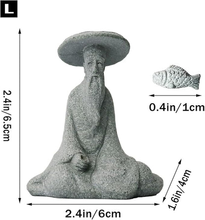 livelyfish Mini Fisherman Statue Asian Zen Decoration Sitting Fishing Figurines Sandstone Vintage Ornament for Aquarium Fish Tank Pot Garden Home Japanese Decor (B2)