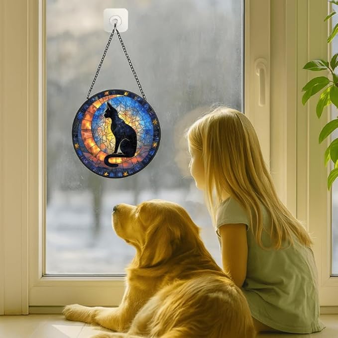 Stained Glass Window Hanging - Celestial Black Cat & Stars 9.8in Sun Catchers Indoor Stained Glass Panels Wall Decor for Mom, Wife, Lovers, Festive