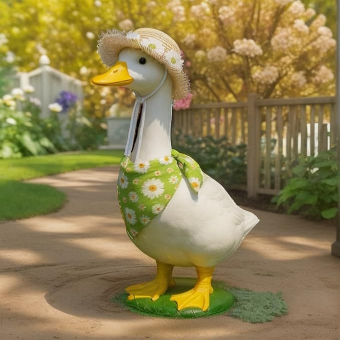 Summer Porch Goose Outfits Daisy Flower Goose Outfit Spring Geese Clothes Costume with Straw Hat Scarf for 17-23" Lawn Cement Plastic Geese Statue for Garden Yard Decor Accessories(Green)