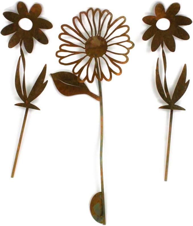 Metal Rustic and Colorful Flower Stakes Ranging from 9.5 to 36 Inches Tall (Daisy + 2 Twisted Daisy Stake Set, Naturally Rusted)