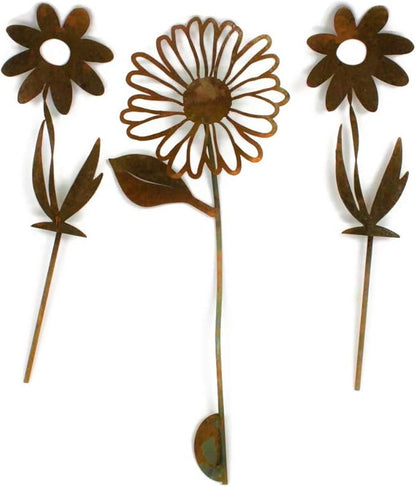 Metal Rustic and Colorful Flower Stakes Ranging from 9.5 to 36 Inches Tall (Daisy + 2 Twisted Daisy Stake Set, Naturally Rusted)