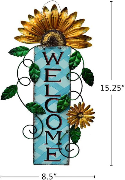 Metal Welcome Sign Hanging Flower Signs Wreath Decor - Rustic Decorative Door Hanger Indoor Outdoor Spring Decoration for Front Door Porch Wall (Yellow)