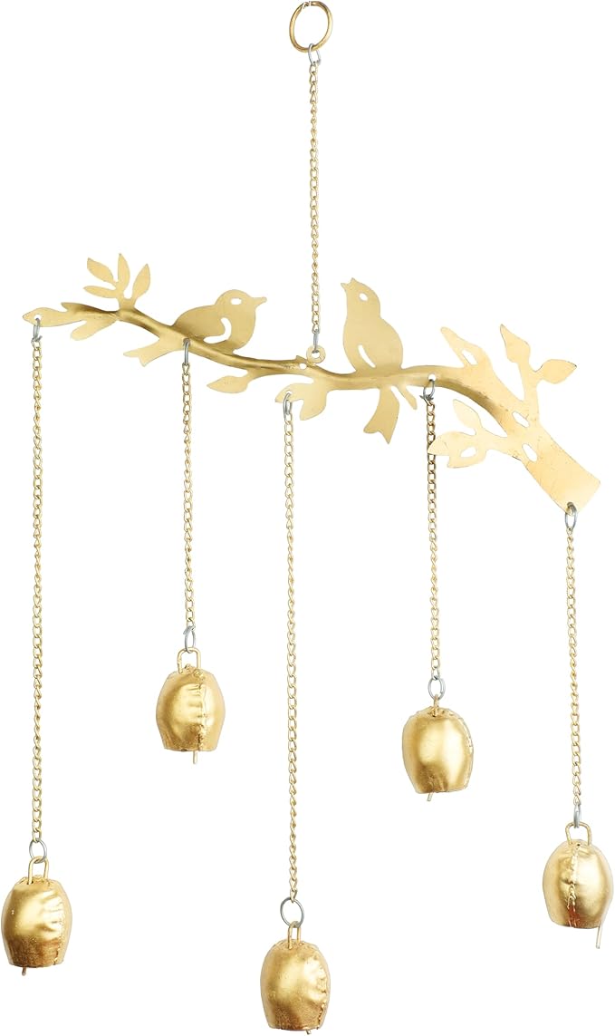 Decorative Door Hanging Metal Bird and Tree with Cow Bell Wall Wind Chime for Home Office Garden Indian Festival Traditional Decorations Return New Year Gifts Ideas(Size:- 21 Inches)(Golden)