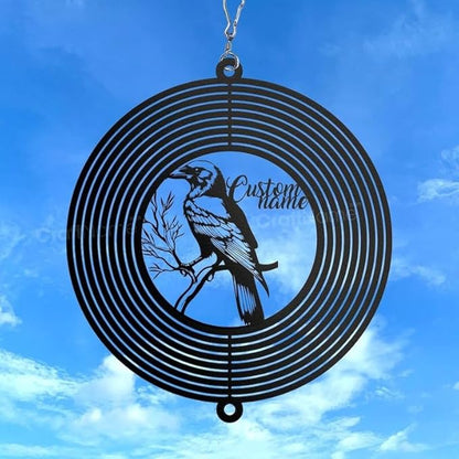 Personalized Raven Metal Wind Spinner, Custom Outdoor Ornament for Yard Display, Kinetic Bird Sculpture, Gothic Garden Gift (Raven Garden Wind Spinner)