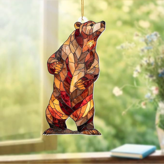 Stained Glass Acrylic Bear Ornament 2025 – Handcrafted Wildlife Christmas Tree Decoration, Rustic Lodge Cabin Décor, Window Hanging Suncatcher Gift for Nature & Animal Lovers (Sun-02)