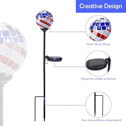 Afirst Solar Lights Outdoor Decorative - Solar Gazing Ball Mosaic Garden Stakes Patriotic Stars and Stripes Decorative Lights Waterproof for Pathway Yard Lawn National Day Decoration
