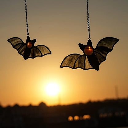 Bat Decor Stained Glass Window Hanging -Double Halloween Bats Suncatcher for Window Gothic Decor Black Bats. (Black A)…