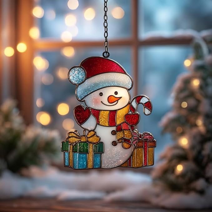 Cute Snowman Acrylic Suncatcher Stained Glass Effect Window Car Hanging Christmas Ornament Indoor Outdoor Decor Garden Sun Catcher Panel for Christmas Lover for Women Mom Grandma
