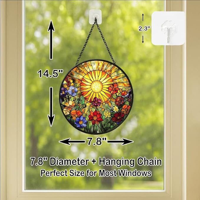 Stained Glass Window Hanging - Radiant Crystal Floral Sunburst 7.8in Sun Catchers Indoor Stained Glass Panels Wall Decor for Mom,Wife,Lovers,Festive