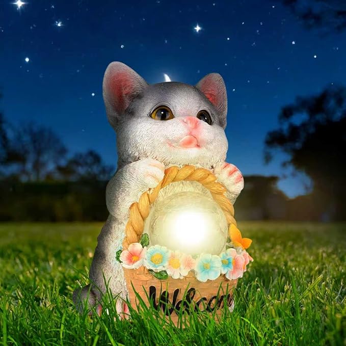 Solar Garden Welcome Statue with LED Light, Outdoor Decorative Animal Figurines, 8-10 Hour Working Time, Floral Basket Design, Lawn Yard Decor (Cat)