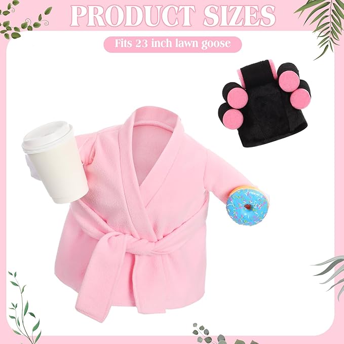 Shyyween Lady Porch Goose Outfits for 23'' Cement Plastic Geese Summer Statue Clothes Pink Bathrobe Coffee Cup Curlers for Outdoor Garden Lawn Yard Patio Decoration