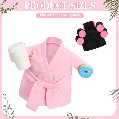 Shyyween Lady Porch Goose Outfits for 23'' Cement Plastic Geese Summer Statue Clothes Pink Bathrobe Coffee Cup Curlers for Outdoor Garden Lawn Yard Patio Decoration