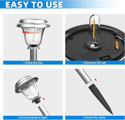 DERAYSION Solar Lights Outdoor Waterproof, Brushed Stainless Steel Glass Solar Pathway Lights, Auto On/Off Long-Lasting Outdoor Solar Lights for Garden, Landscape, Path, Yard 6 Pack