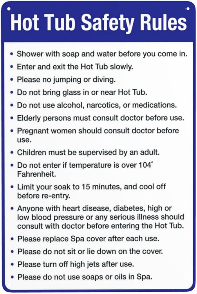 Aluminum Warning Sign, Hot Tub Safety Rules, Pool Sign, Vintage Style, Silver, 8 X 12 Inches