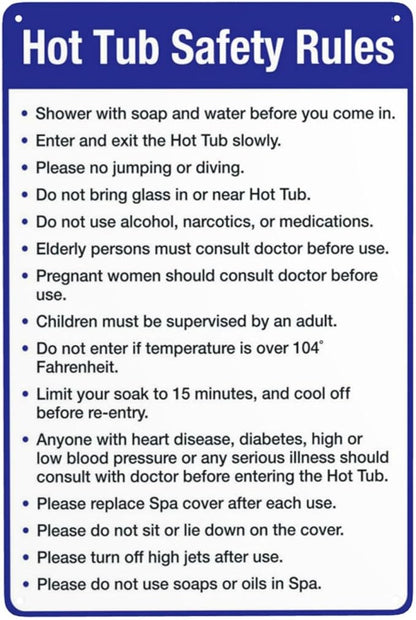 Aluminum Warning Sign, Hot Tub Safety Rules, Pool Sign, Vintage Style, Silver, 8 X 12 Inches