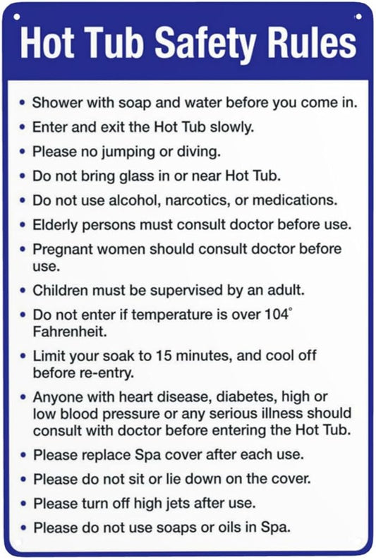 Aluminum Warning Sign, Hot Tub Safety Rules, Pool Sign, Vintage Style, Silver, 8 X 12 Inches