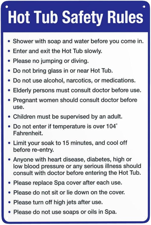 Aluminum Warning Sign, Hot Tub Safety Rules, Pool Sign, Vintage Style, Silver, 8 X 12 Inches