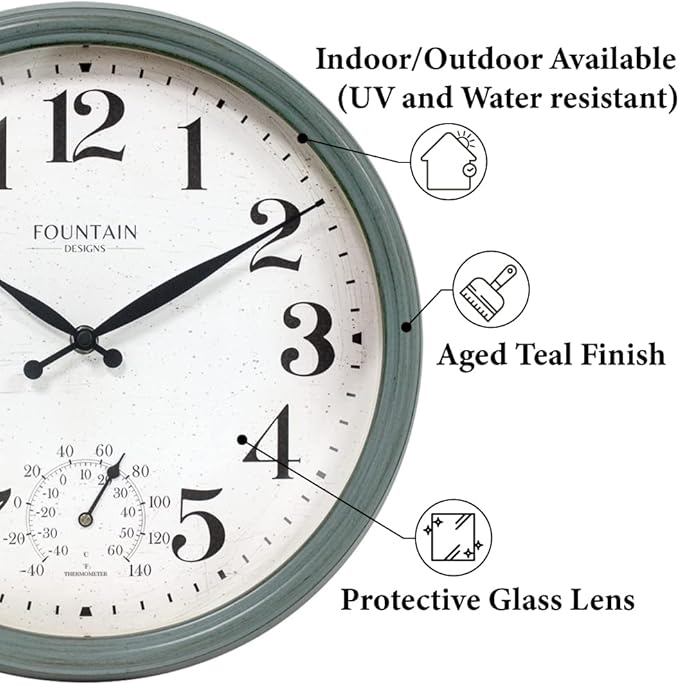 Maison in/Outdoor Clock with Thermometer, 2 in One Weather Station (Weather Thermometer/Wall Decoration) (Aged Teal, 13 inch)