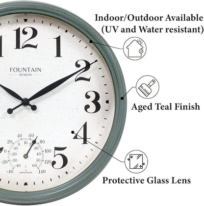 Maison in/Outdoor Clock with Thermometer, 2 in One Weather Station (Weather Thermometer/Wall Decoration) (Aged Teal, 13 inch)