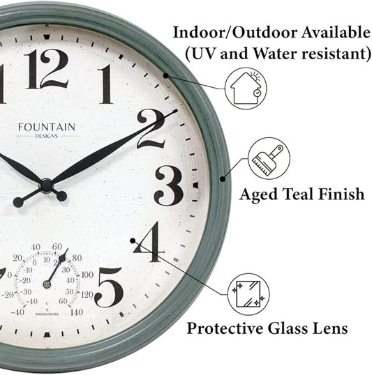 Maison in/Outdoor Clock with Thermometer, 2 in One Weather Station (Weather Thermometer/Wall Decoration) (Aged Teal, 13 inch)