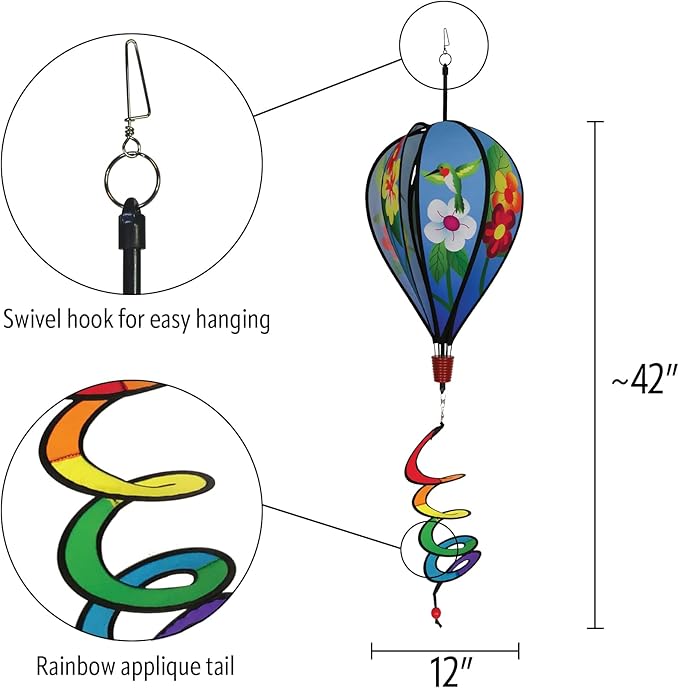 In the Breeze Hummingbird Flowers 6-Panel Kinetic Hot Air Balloon Wind Spinner,11" W x 17" H, 26" Tail,1047