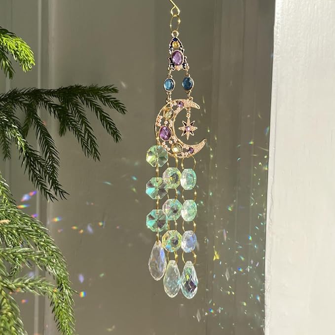 Rhinestones Sun Catchers for Window Hanging - Moon Crystal Suncatcher for Car Mirror Indoor Outdoor Garden Decor - Rainbow Maker