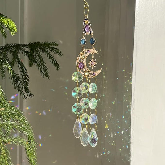 Rhinestones Sun Catchers for Window Hanging - Moon Crystal Suncatcher for Car Mirror Indoor Outdoor Garden Decor - Rainbow Maker