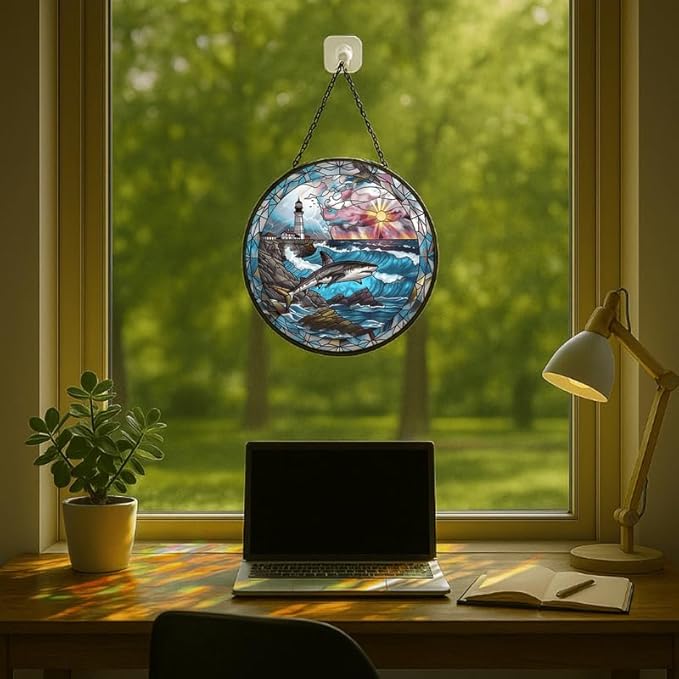 Stained Glass Window Hanging - Sunset Ocean Whale Sun Catchers Indoor Stained Glass Panels Wall Decor for Mom, Wife, Lovers, Festive