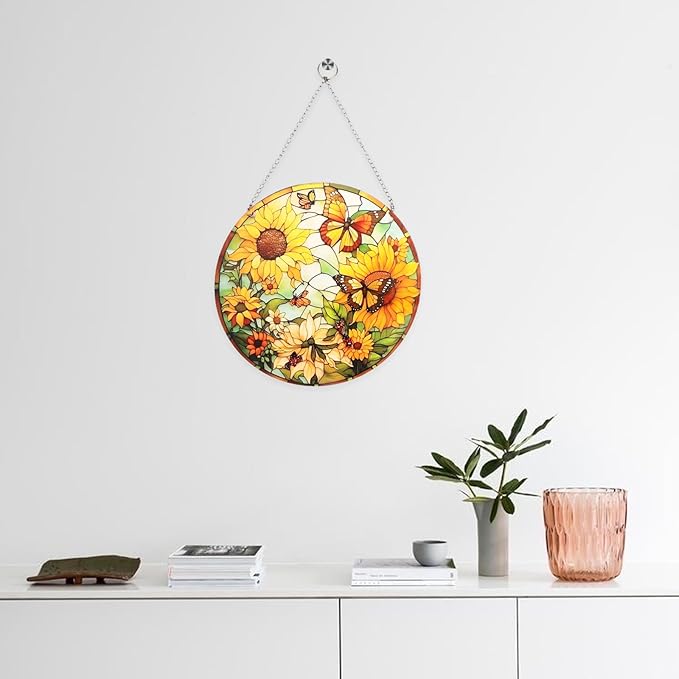 Sunflower Stained Window Hanging Suncatcher 7.9" Hand-Painted Sun Catcher Ornament for Home Garden Christmas Mother’s Day & Valentine’s Day Gift