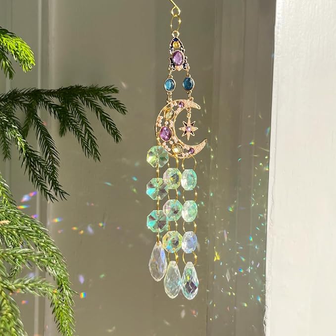 Crystal Suncatcher, Sun Catcher Crystals for Window Hanging, Crystal Wind Chimes Outdoor Indoor Decoration, Hanging Crystals Prism Suncatcher for Garden Decor Wedding Party (Moon)