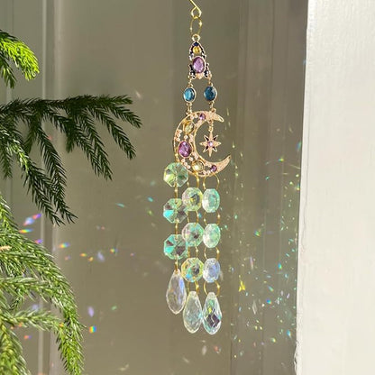 Crystal Suncatcher, Sun Catcher Crystals for Window Hanging, Crystal Wind Chimes Outdoor Indoor Decoration, Hanging Crystals Prism Suncatcher for Garden Decor Wedding Party (Moon)