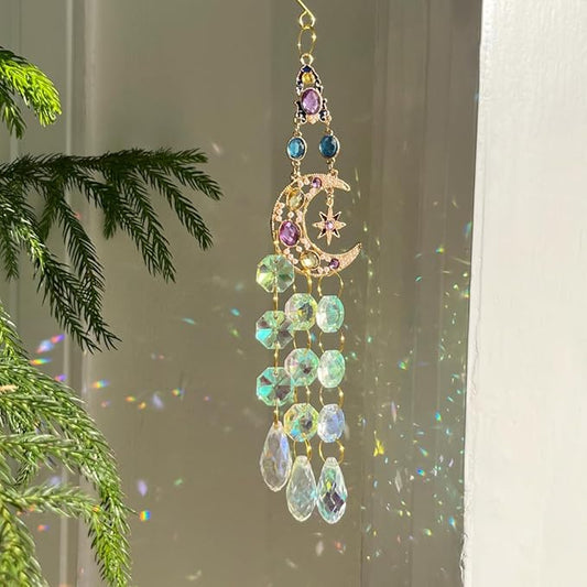 Crystal Suncatcher, Sun Catcher Crystals for Window Hanging, Crystal Wind Chimes Outdoor Indoor Decoration, Hanging Crystals Prism Suncatcher for Garden Decor Wedding Party (Moon)