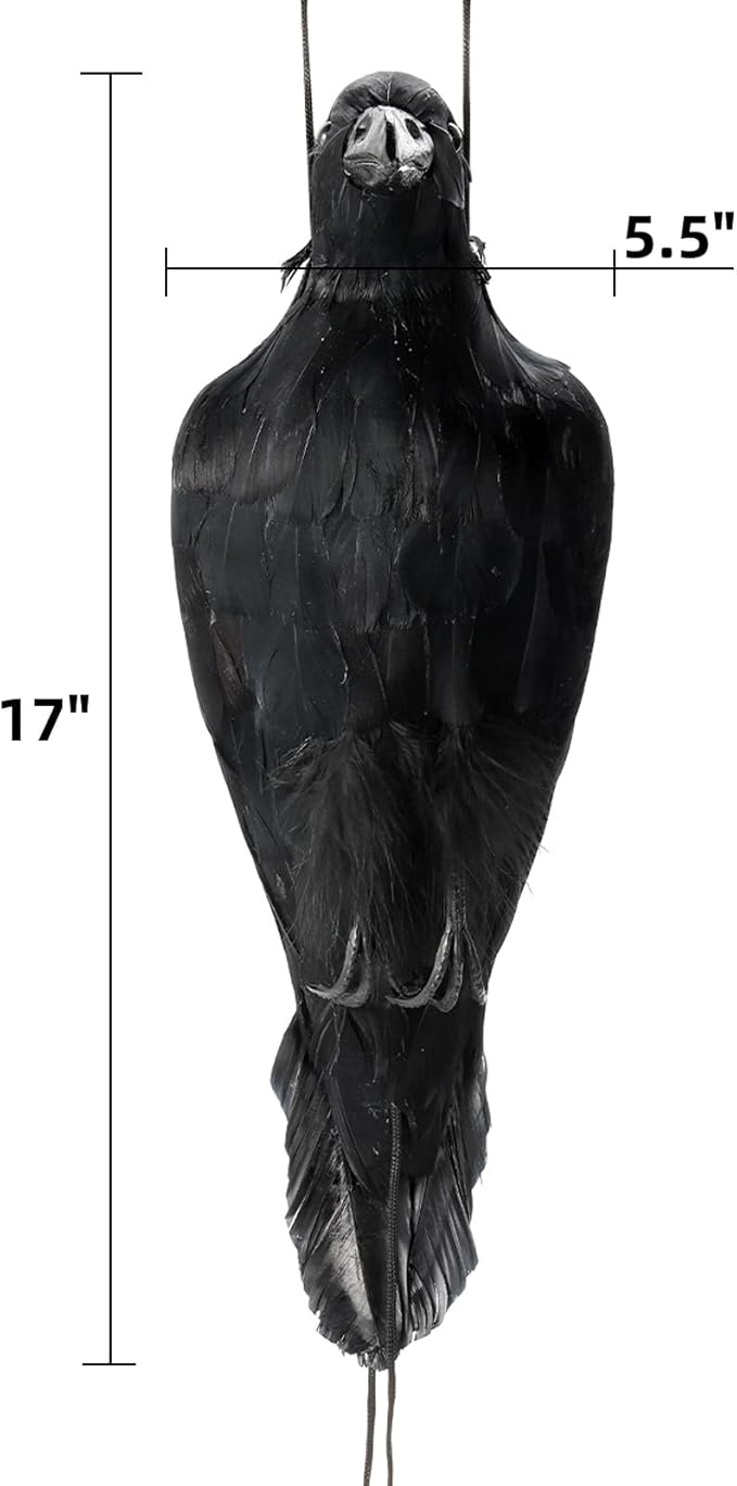 Noamus 17 Inches Realistic Hanging Dead Crow, Lifesize Extra Large Black Feathered Crow, Fake Decoy Raven for Garden Halloween Decorations Birds, Artificial Handmade, Model, Party Props