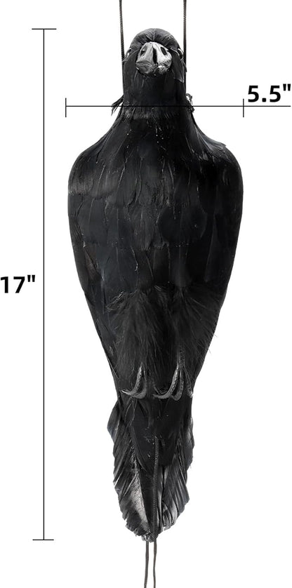 Noamus 17 Inches Realistic Hanging Dead Crow, Lifesize Extra Large Black Feathered Crow, Fake Decoy Raven for Garden Halloween Decorations Birds, Artificial Handmade, Model, Party Props