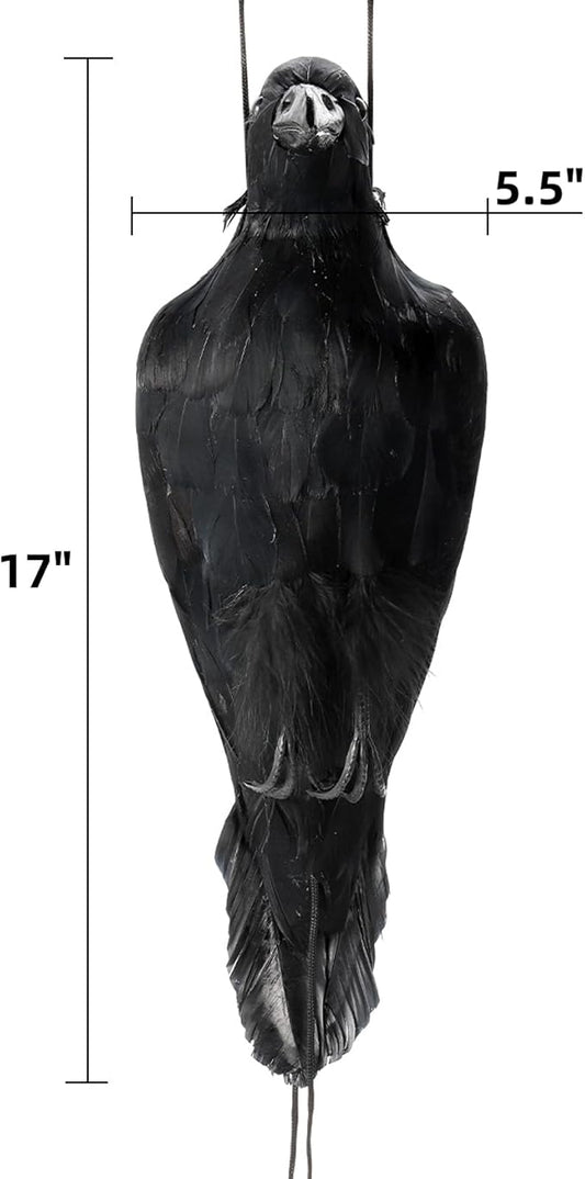 Noamus 17 Inches Realistic Hanging Dead Crow, Lifesize Extra Large Black Feathered Crow, Fake Decoy Raven for Garden Halloween Decorations Birds, Artificial Handmade, Model, Party Props