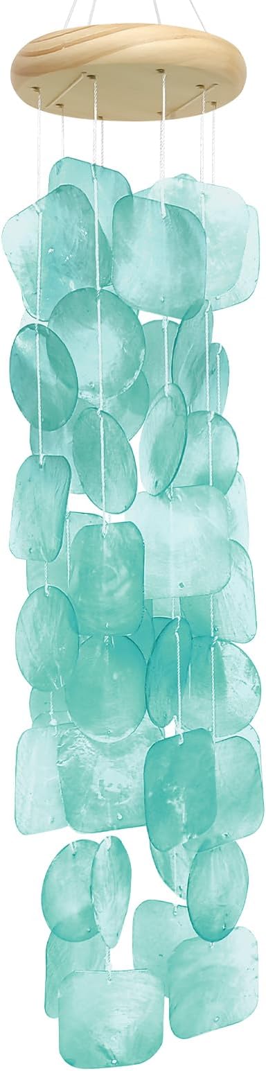 Wind Chimes for Outside 26", Clear Tones Lake Blue Sea Shell Wind Chimes Outdoor, Handcrafted Capiz Sea Glass Shells Windchimes Memorial Wind Chime for Patio, Garden, Porch Decor, Beach Gifts