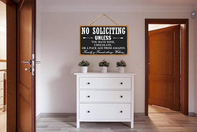 No Soliciting Sign for Home, Funny Yard Sign Porch Door Decor, Rustic Brown Farmhouse Home Wall Hanging Plaque Decor for Outdoor, 6 Inch By 11 Inch (CA7US-014)