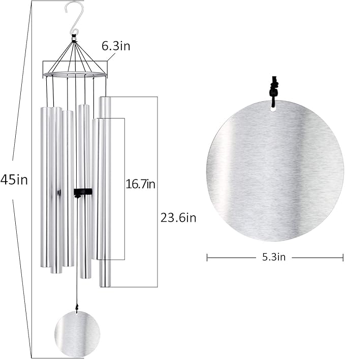 ASTARIN Premium 45-Inch Deep Tone Wind Chimes with 6 Metal Tubes - Elegant Memorial Chime for Mom, for Housewarming and Christmas Silver