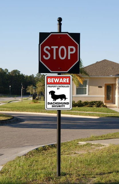 CCPARTON Metal Beware Property Patrolled by Dachshund Security Signs Aluminum Road Tin Signs for Outdoor Coffee Shop bar Club 8x12 Inches