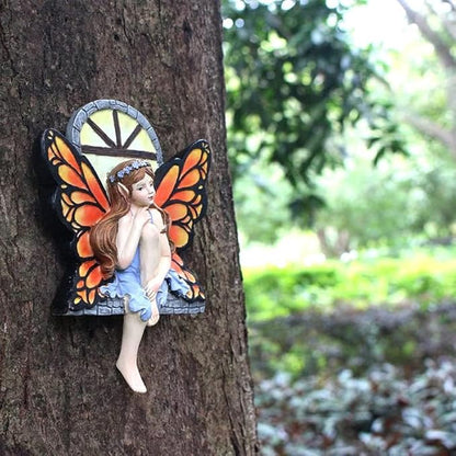 Fairy Out The Window Tree Hugger Garden Statue, Glow in The Dark Resin Fairy Figurine Wall Art Sculpture Outdoor Tree Faces Decor for Patio Lawn Yard Ornaments (Red)