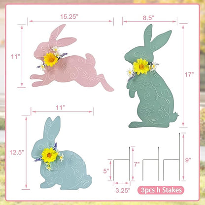 Easter Decorations Outdoor,3 Pack Metal Bunny Yard Sign Stakes for Outside,Pastel Rabbit Silhouettes Garden Decor for Lawn,Happy Easter Women Gifts