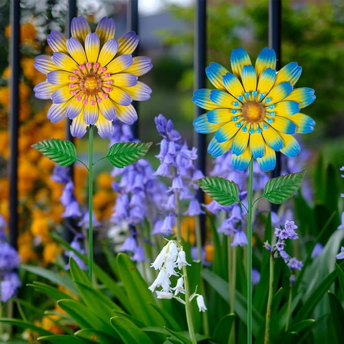 Metal Flower Decorative Garden Stakes,2 Pack Spring Outdoor Decor Large Metal Yard Art for Flower Bed Yard Lawn Decor