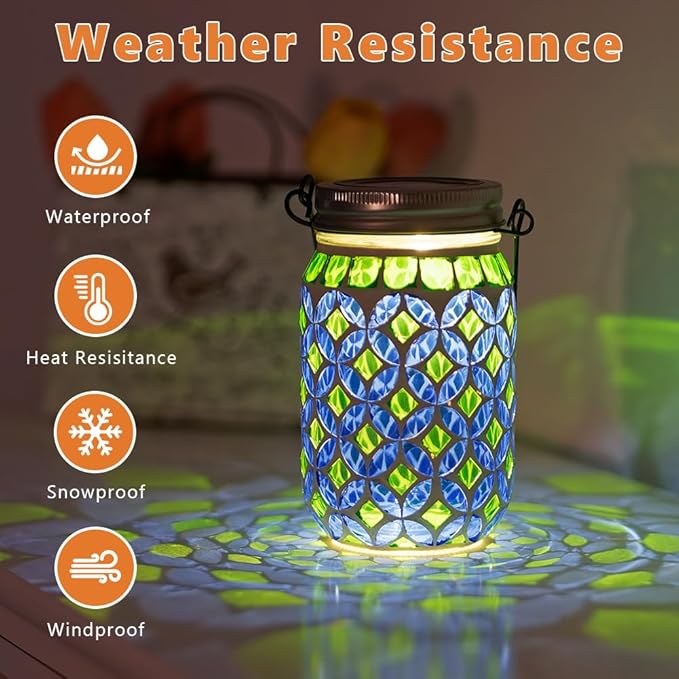Stargarden 4 Pack Mosaic Solar Lantern , Outdoor Hanging Lantern Waterproof Table Lamp Mosaic Night Light for Tree, Garden, Patio, Yard, Outdoor(Blue Green)