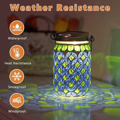 Stargarden 2 Pack Mosaic Solar Lantern , Outdoor Hanging Lantern Waterproof Table Lamp Mosaic Night Light for Tree, Garden, Patio, Yard, Outdoor(Blue Green)