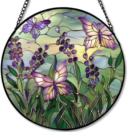 Purple Berries and Butterflies Stained Glass Window Hanging Panel – 6.3in Floral Nature Suncatcher Wall Art for Home Window Decor and Gift