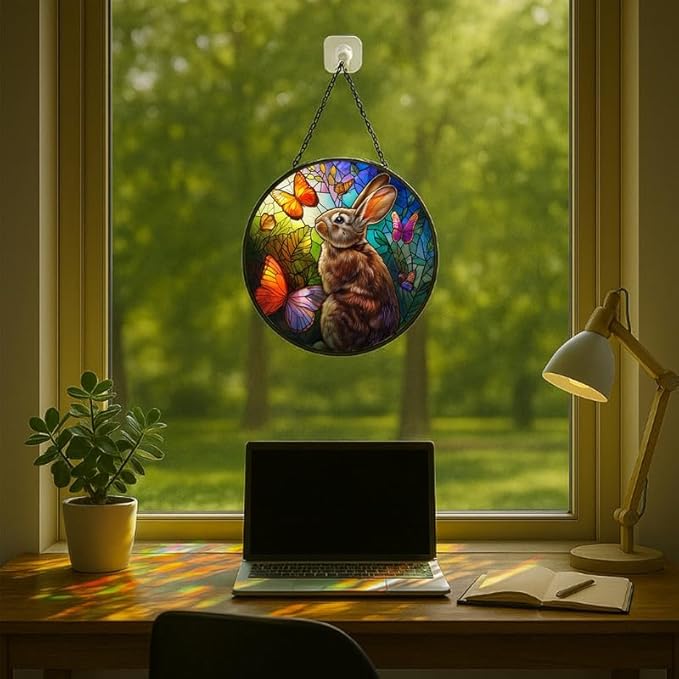 Stained Glass Window Hanging - Rabbit with Butterflies and Leaves Sun Catchers Indoor Stained Glass Panels Wall Decor for Mom Wife Lovers Festive